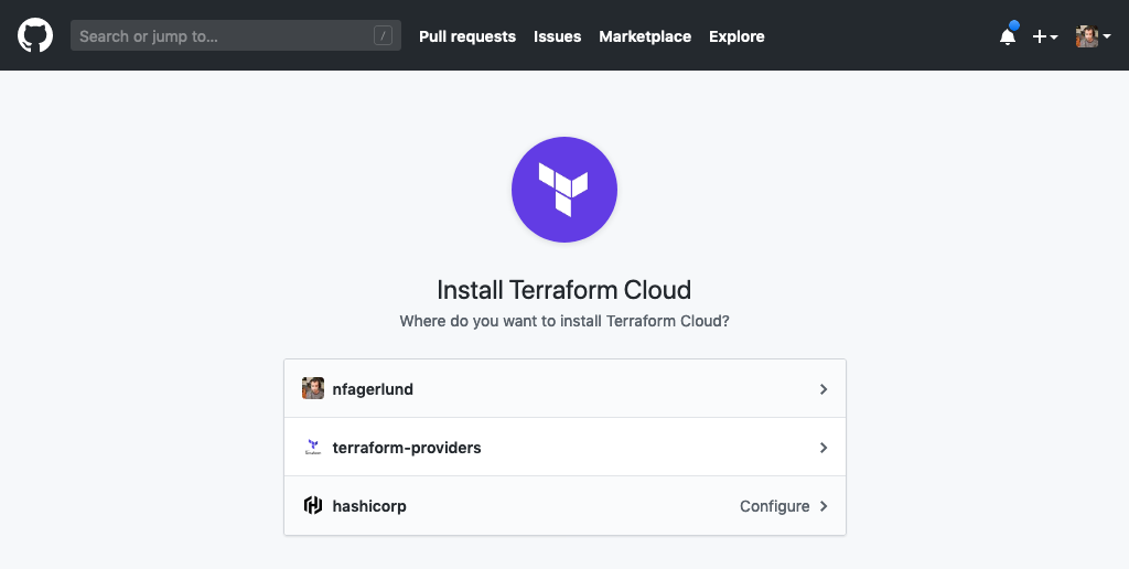Screenshot: GitHub asking which organization or account to install the Terraform Cloud app in
